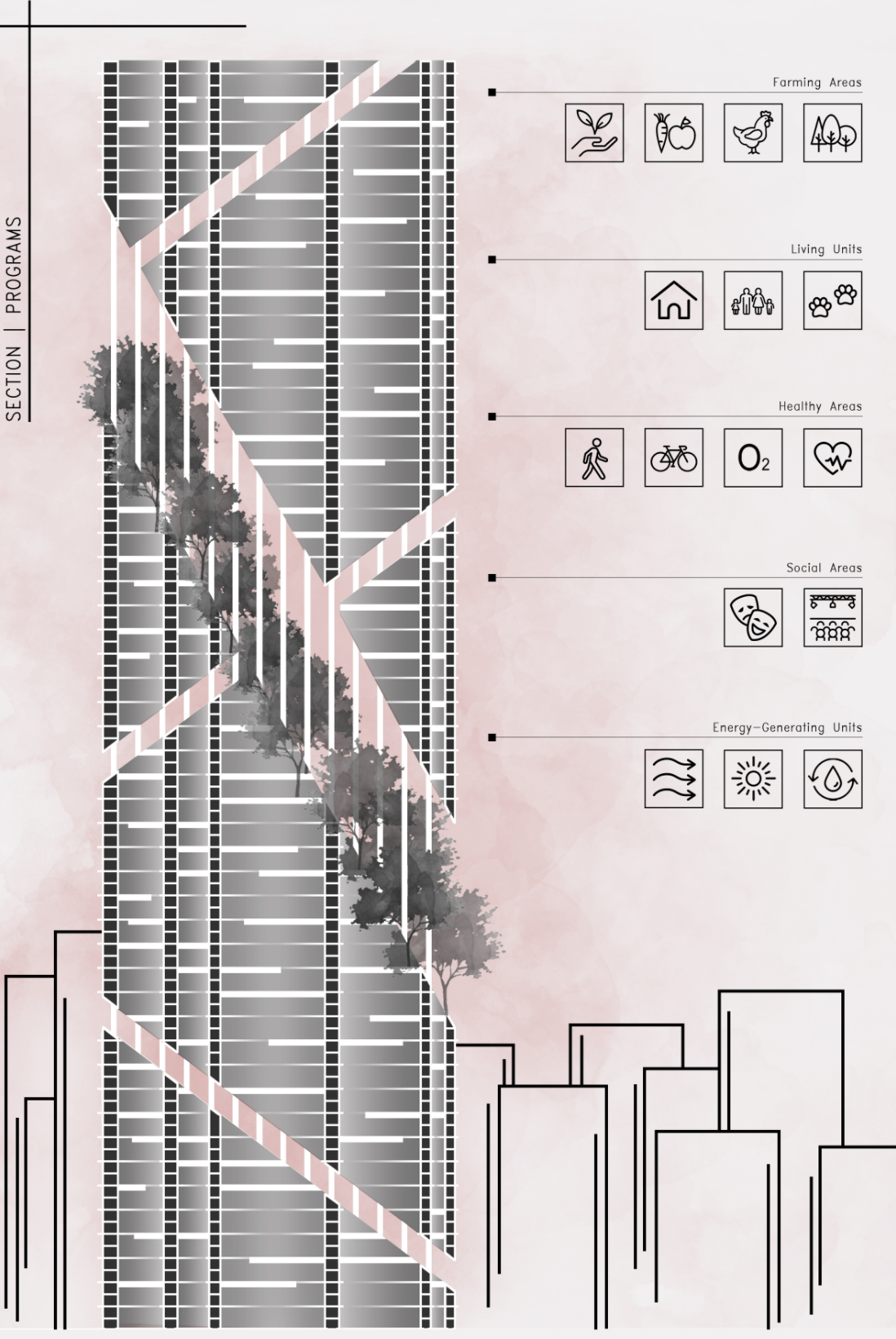 Sectional drawing of a residential tower with integrated vertical greenery and programmatic zone icons
