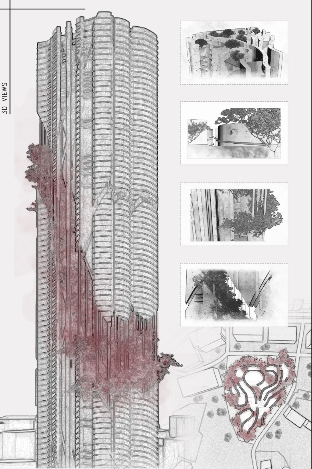 Perspective rendering of a ribbed tower with planted terraces and site plan vignettes alongside
