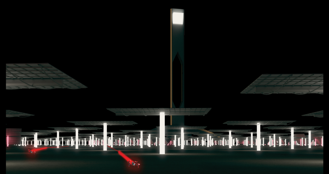 Night rendering of the elevated canopy with illuminated white columns and red streaks of traffic below
