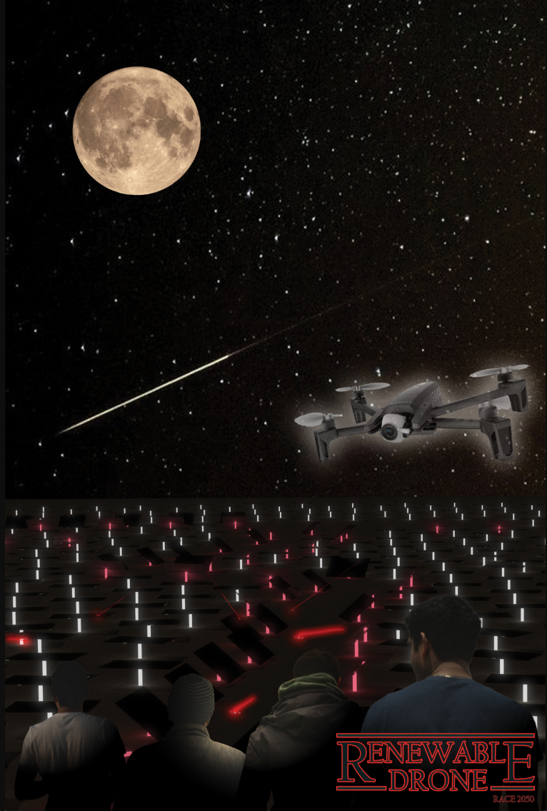 Rendering of the drone hovering above the illuminated landing field under a full moon and starry sky