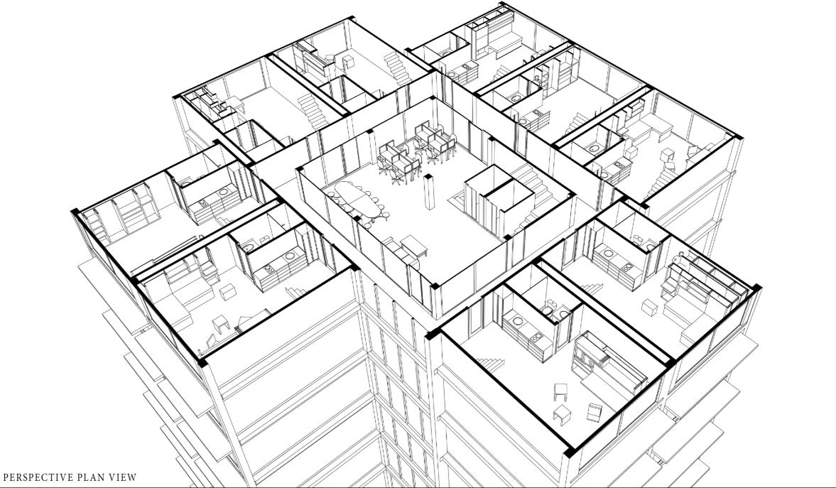 Exploded isometric showing shared spaces at the core, surrounded by individualized living modules.