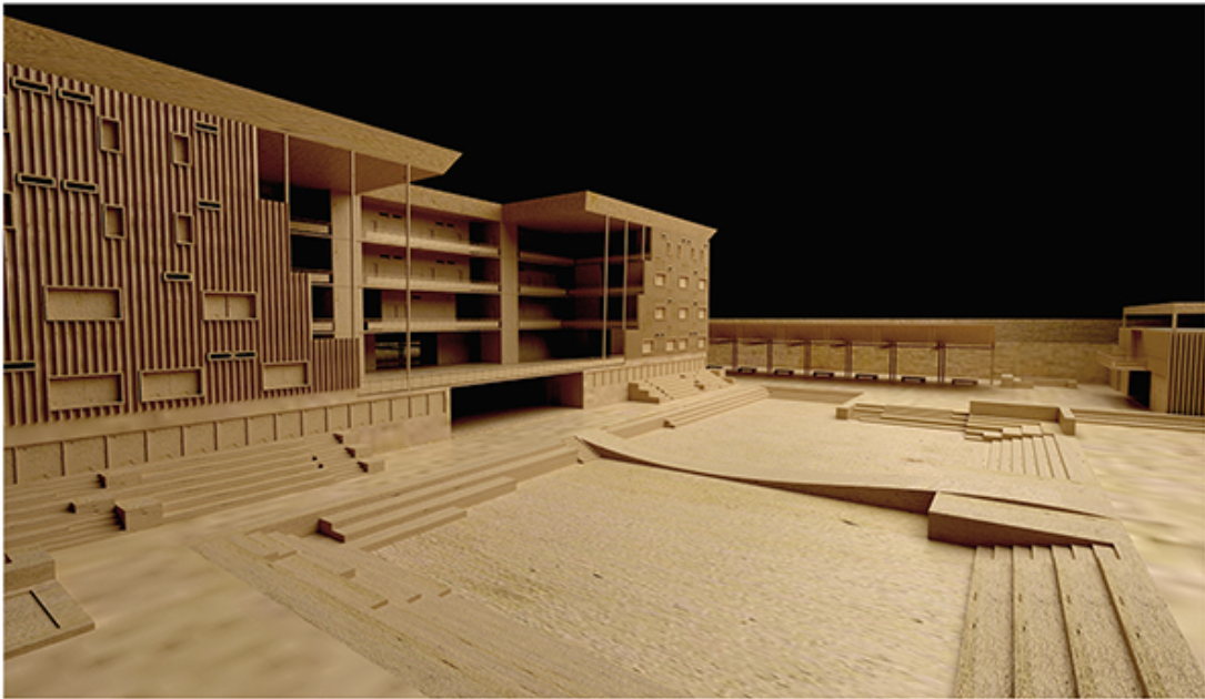 A spacious and layered open area at the heart of the prison encouraging community engagement and active participation.