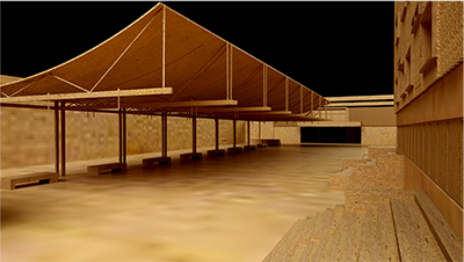 A lightweight roof structure extending across communal seating zones designed to foster group activities.