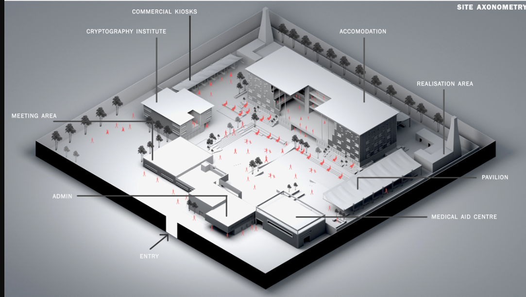 An overall spatial layout illustrating modular units, cryptography institute, public areas, and integration zones for rehabilitation.