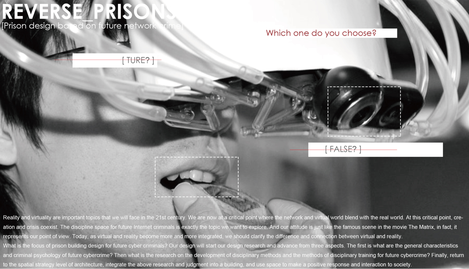 Black and white photograph showing a person wearing virtual reality goggles with cables suspended overhead