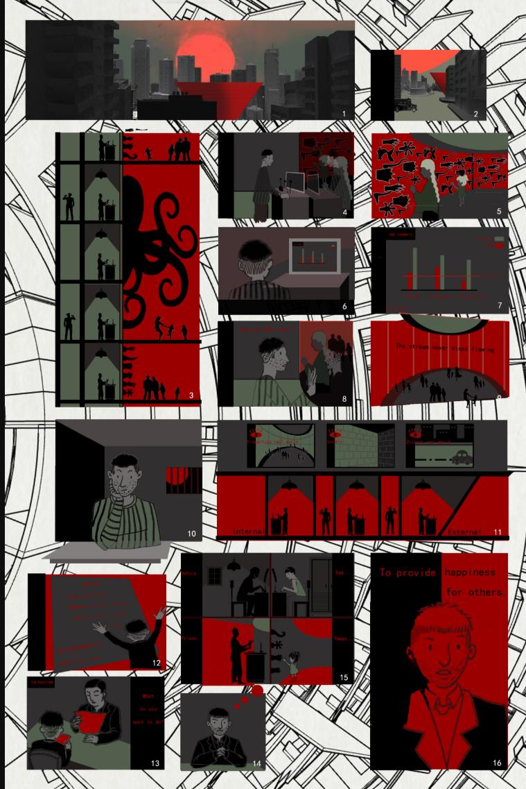 Collage of illustrated interior vignettes showing cells and corridors rendered in red, black and grey tones