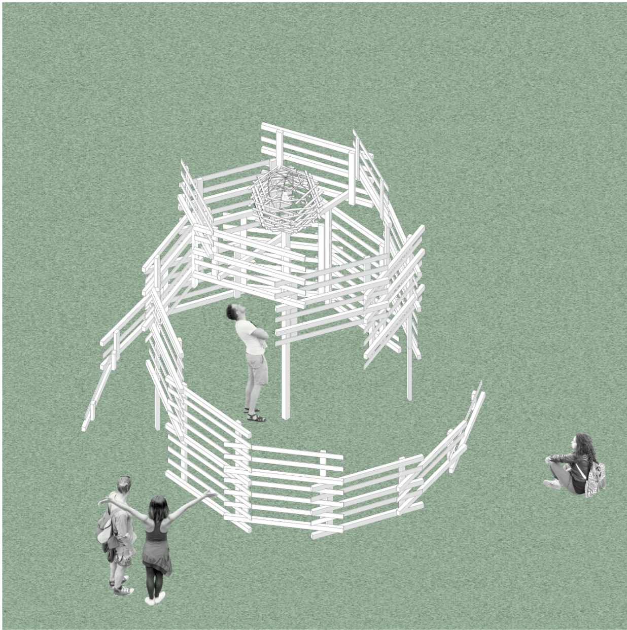 Axonometric drawing of a layered timber pavilion with visitors walking around and through its structure