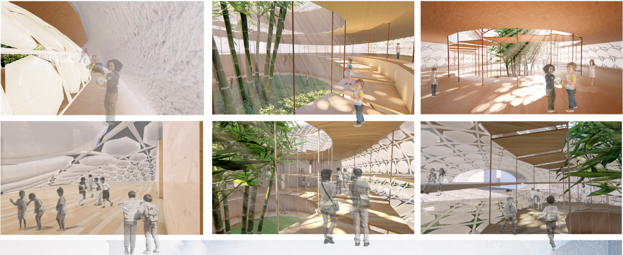 Immersive spatial experience for children with organic materials, natural light, and interactive green enclosures.
