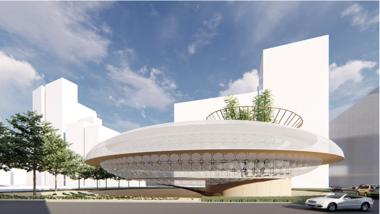 Street-level view of the elevated structure, showcasing solar LED skin and rooftop garden atop a climate-responsive form.