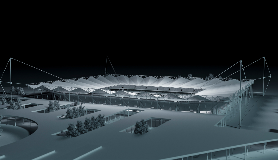 A dramatic view of the stadium's tensile roof structure seamlessly merging with the surrounding public plaza.
