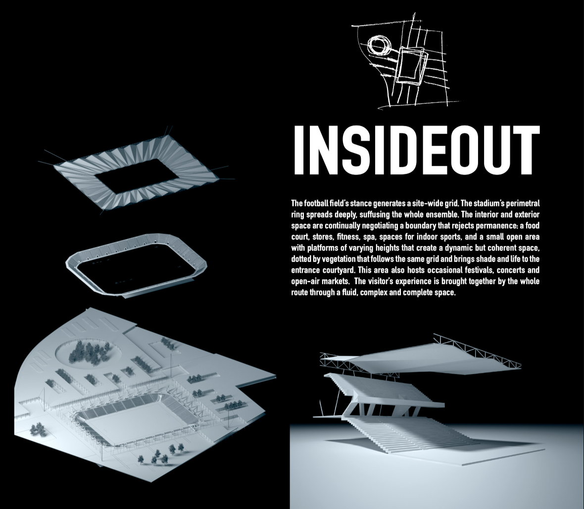 InsideOut’s concept board showing spatial layering, site strategy, and integration of diverse public functions.