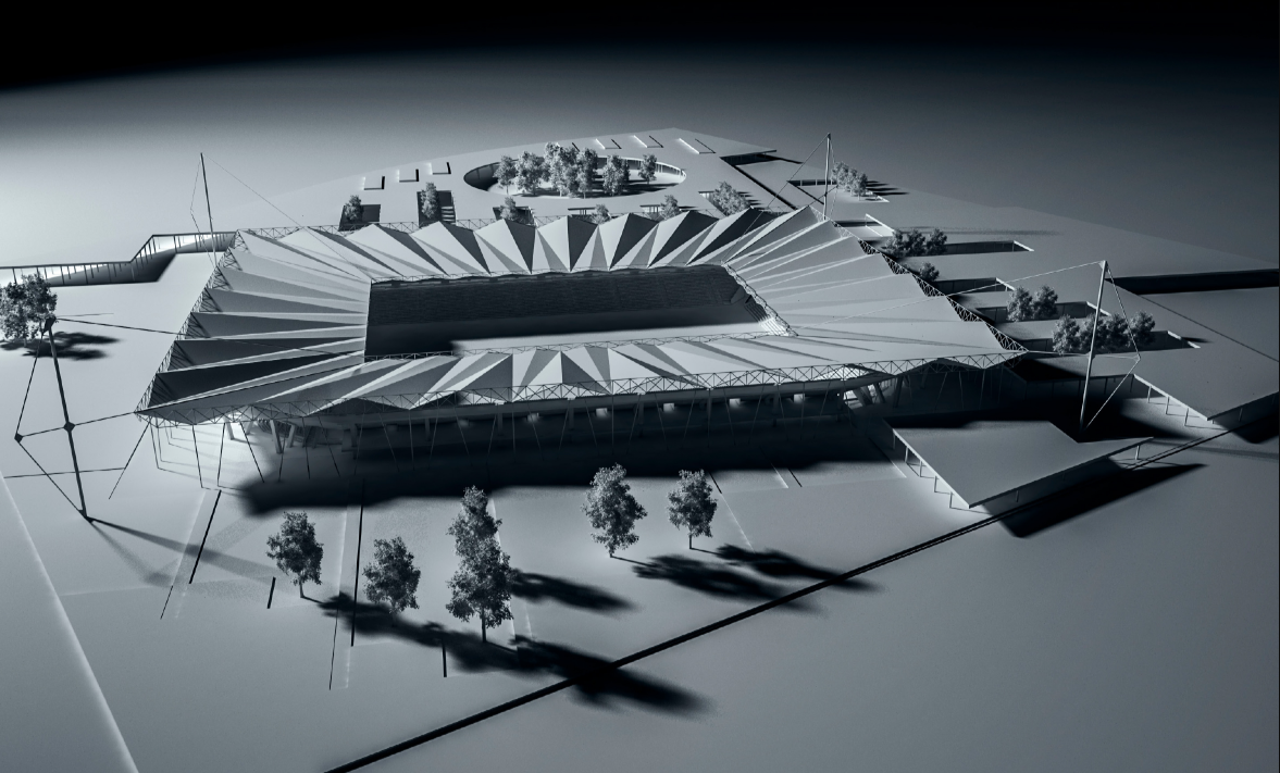 A top-down render revealing the dynamic folded geometry and how the structure interfaces with urban edges.