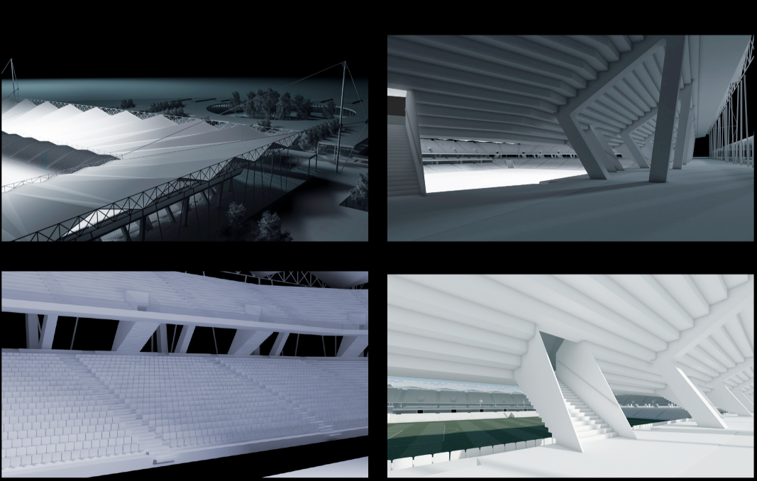 Close-up interior and underside perspectives emphasizing the rhythmic column-grid and spectator circulation.