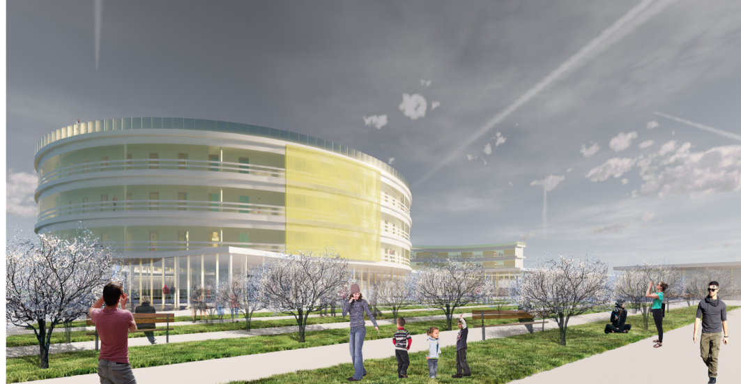 Rendering of the curved glass facade with horizontal green and yellow bands among bare trees and pedestrians