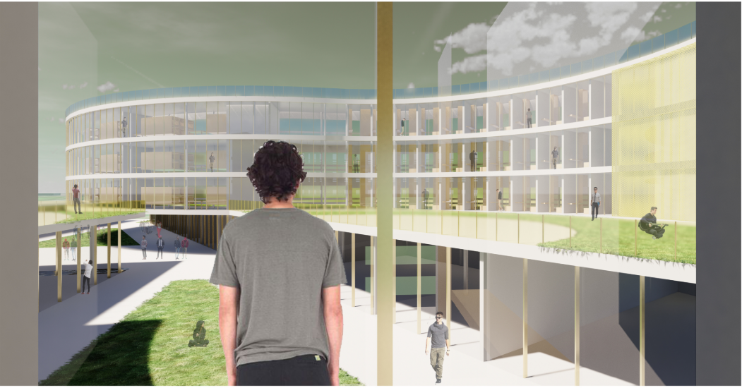 Interior view from a balcony overlooking the courtyard with the multi-story building across the void
