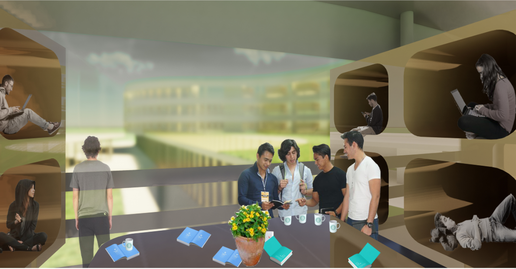 Study space with organic rounded alcoves carved into the walls where students gather around a table