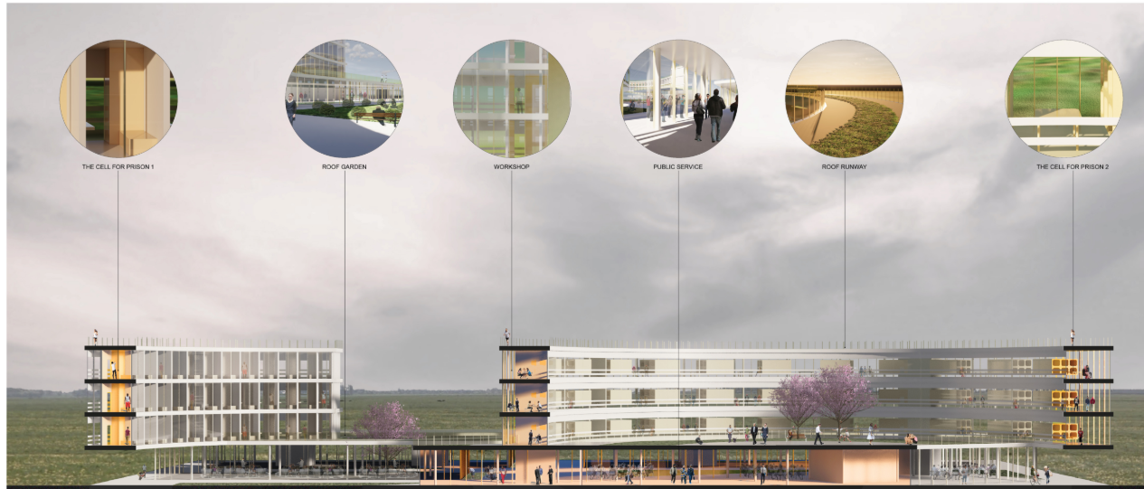 Elevation drawing showing the horizontal building with detail callouts and a tree in bloom