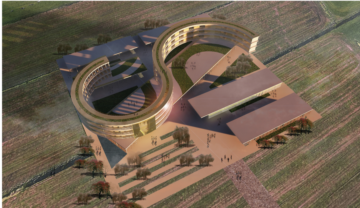 Aerial view of the circular building and linear wings arranged around a central courtyard in plowed fields