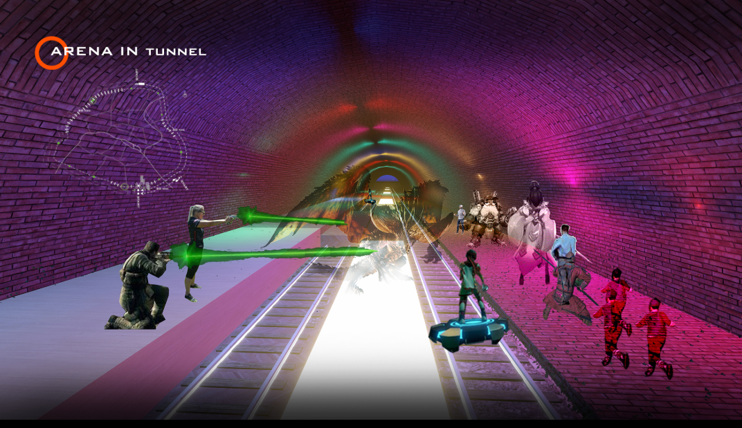 Futuristic tunnel arena designed for FPS and MOBA games using dynamic lighting and immersive AR projections.
