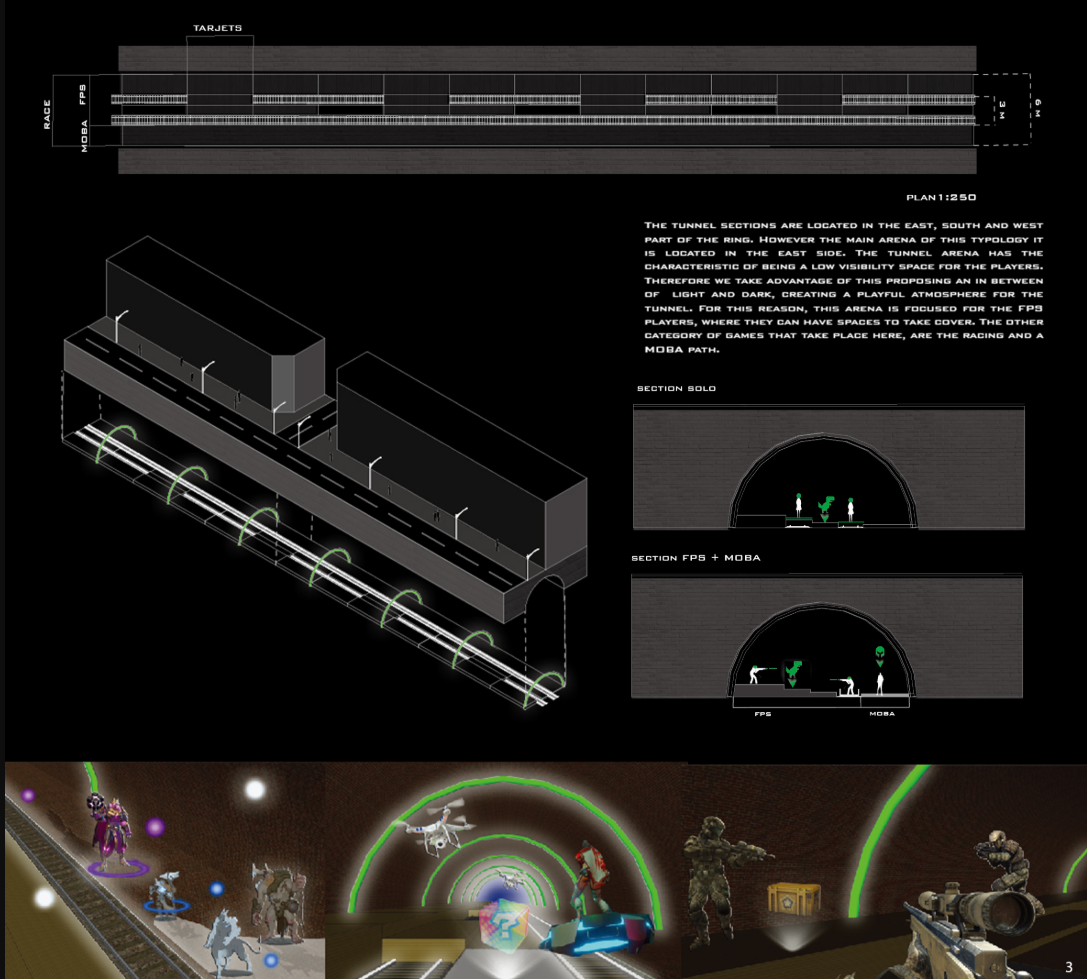 Plan and sectional views showing spatial division of the tunnel for solo, FPS, and MOBA gameplay environments.