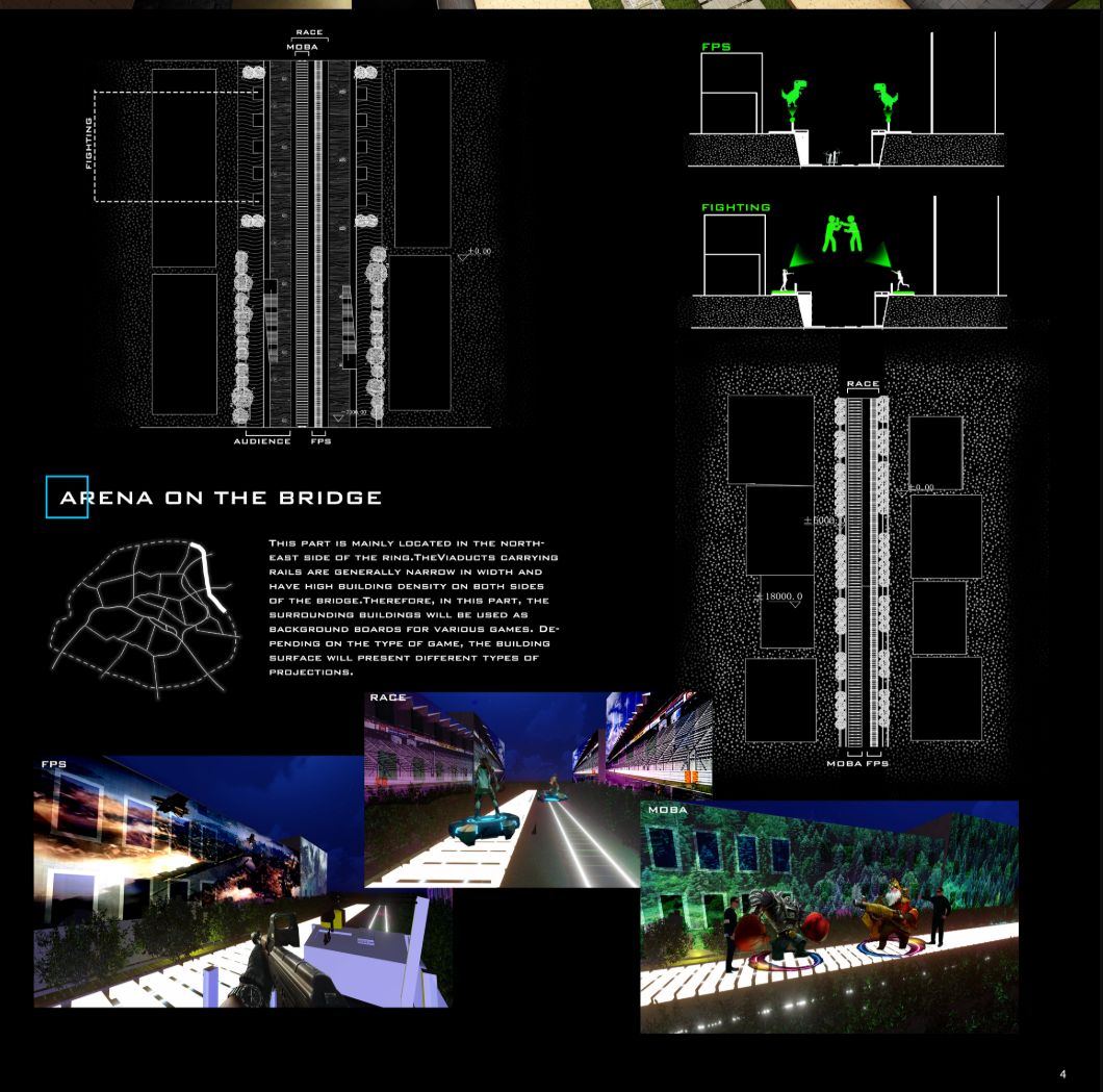 Bridge zone converts viaducts into racing tracks and FPS fields with projected gameplay across adjacent building façades.