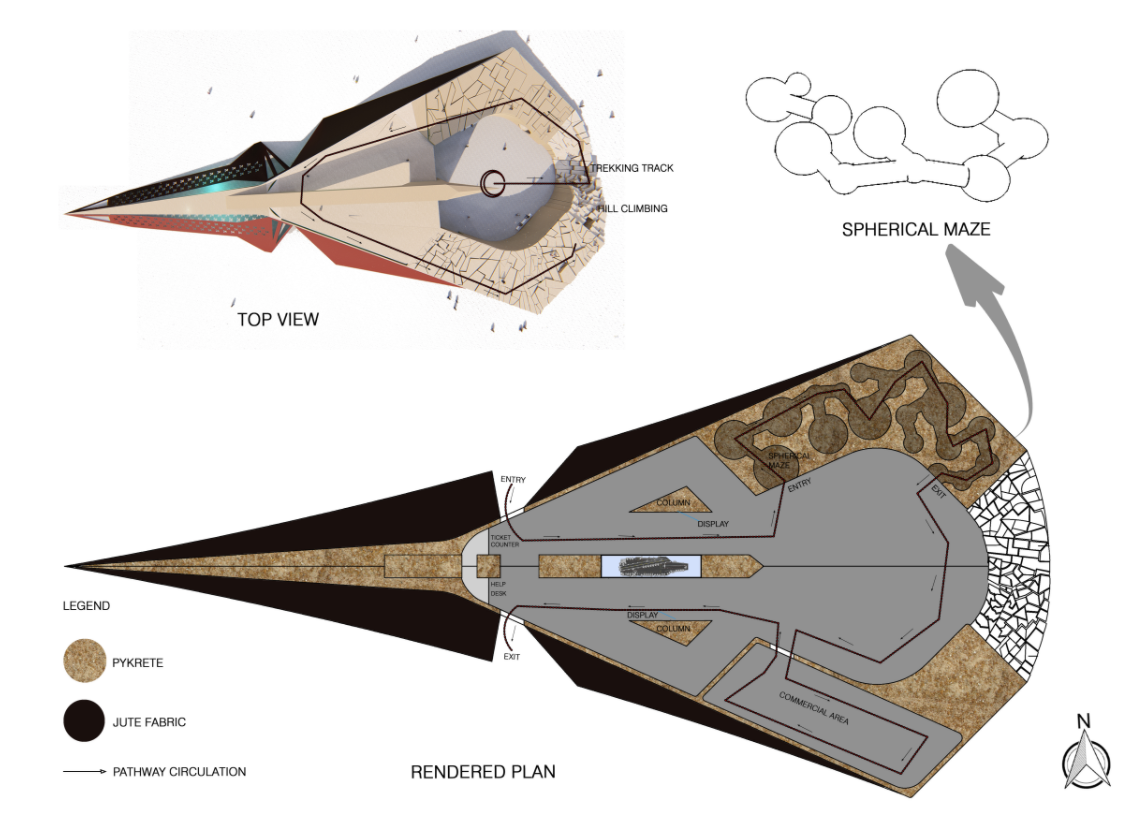 Conceptual top view and detailed floor plan highlighting circulation, material zones, and the integrated spherical maze.