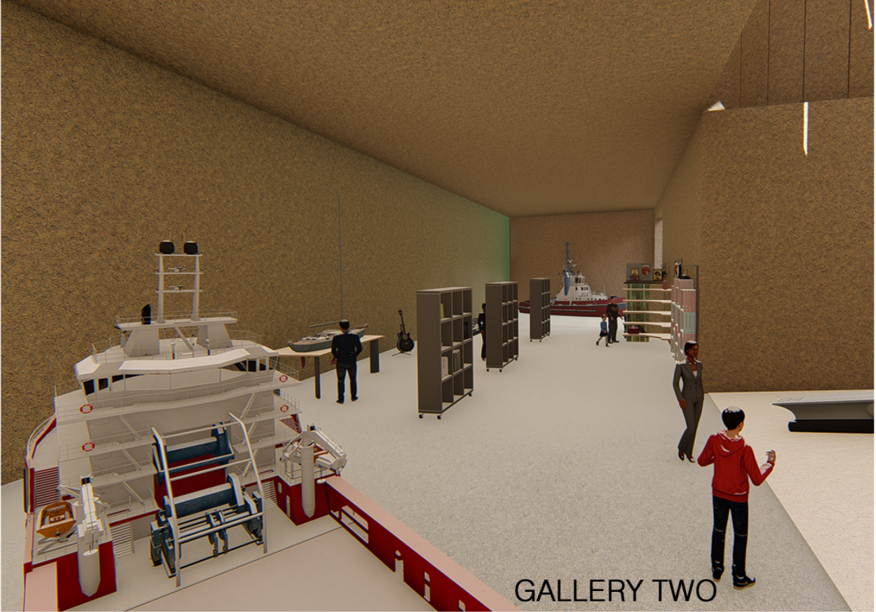 The interior gallery showcases military models and maritime artifacts, inviting immersive historical engagement.