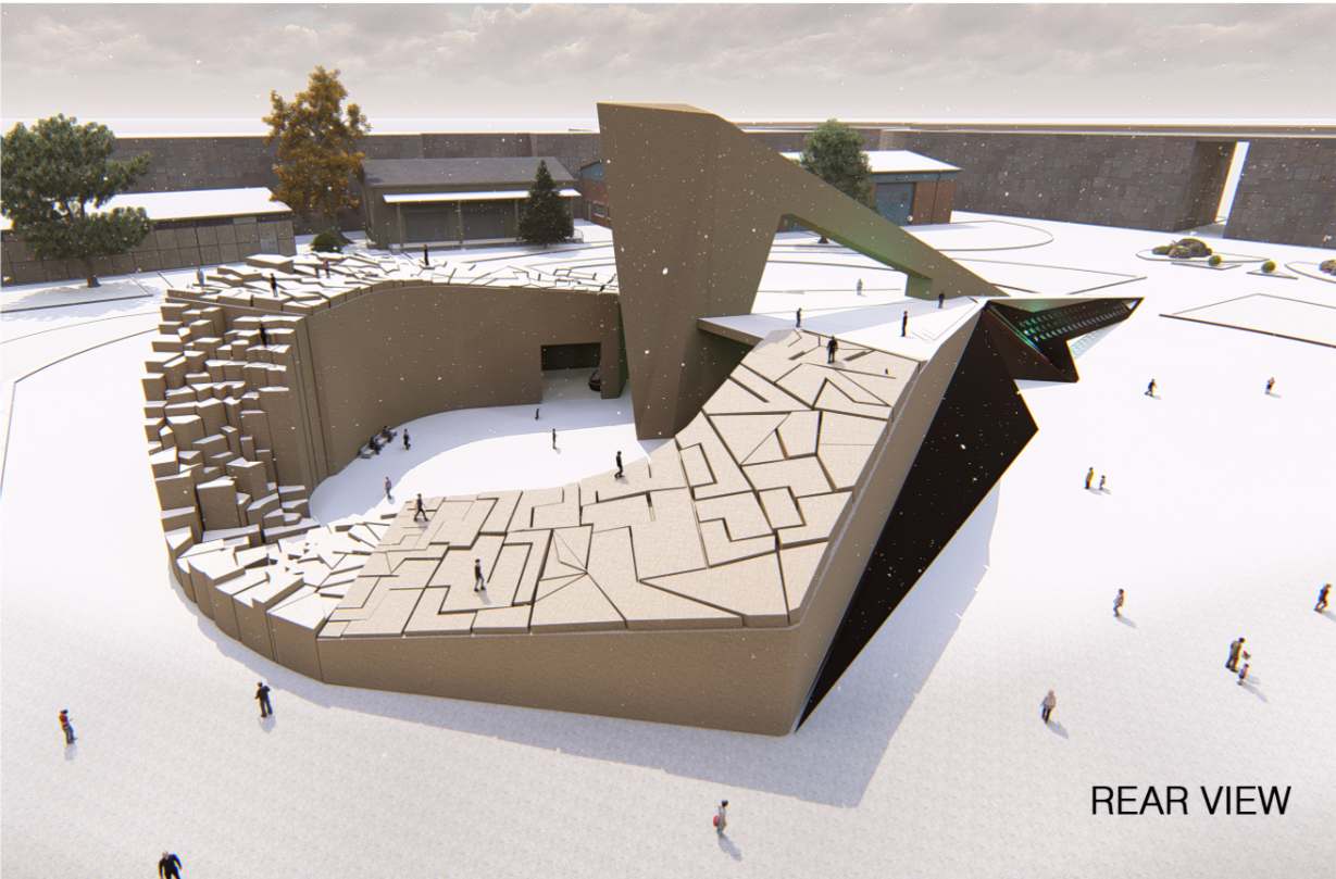 Rear elevation reveals a fragmented, climbable surface integrated with visitor pathways and experiential zones.