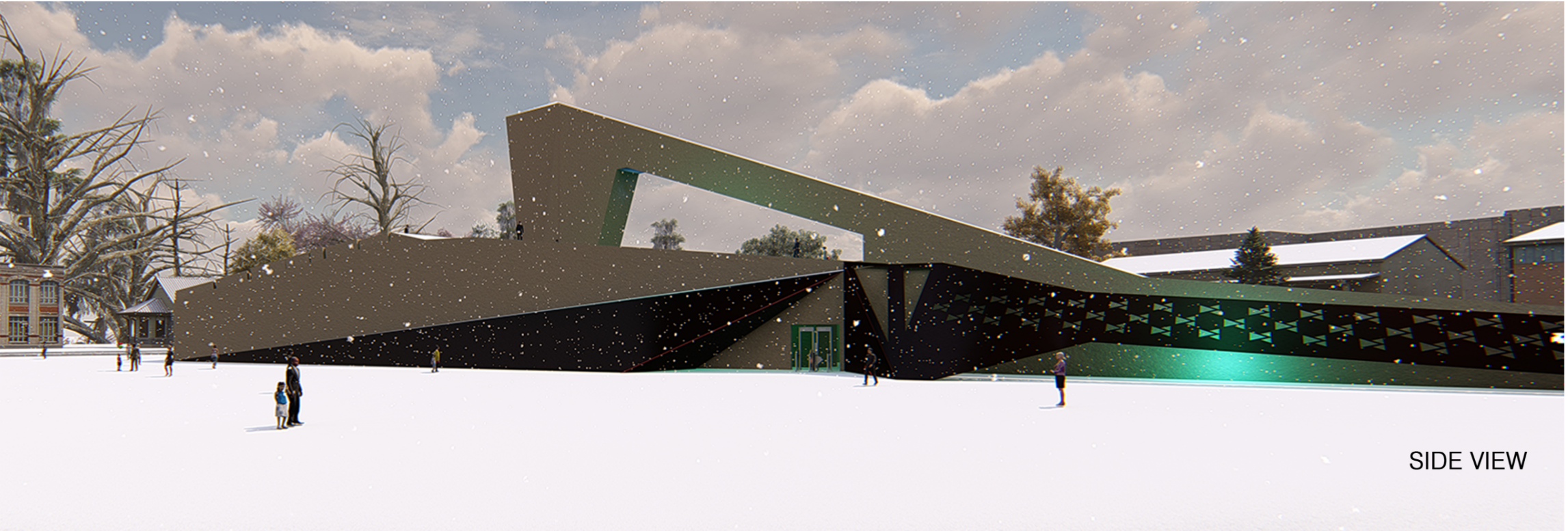 Dynamic angular forms define the side facade, combining jute fabric and pykrete with green-lit accents.