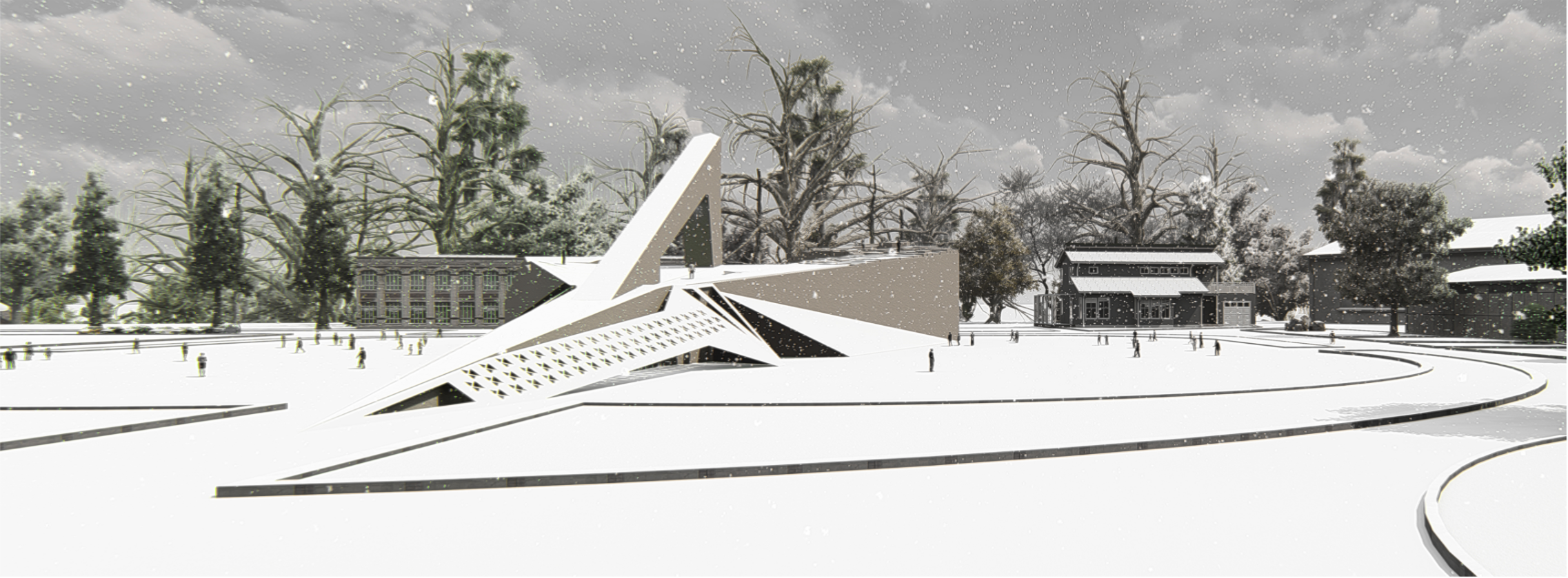 The Habakkuk Monument framed by Quebec’s historic architecture and stark winter landscape.