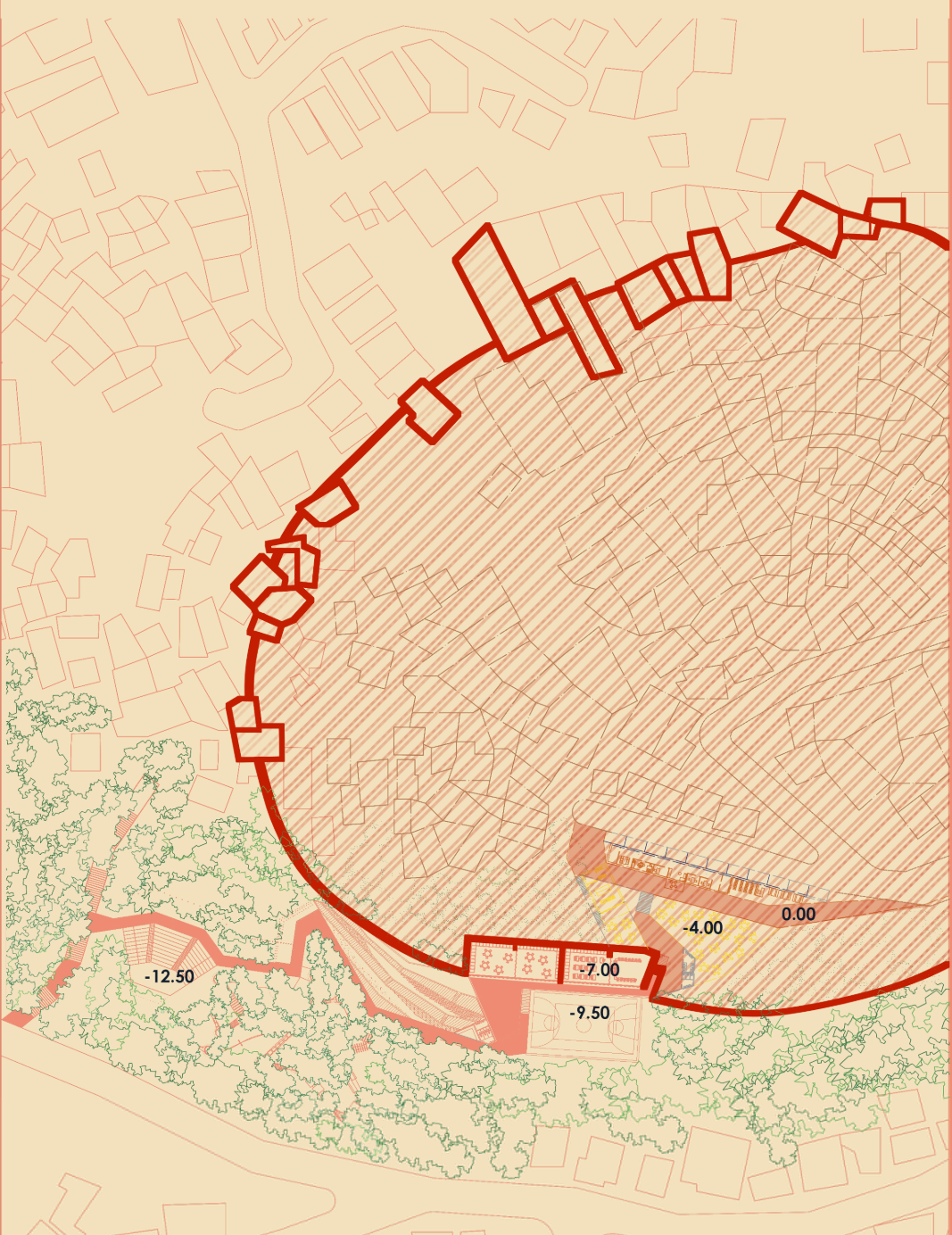 Site strategy revealing spatial layering and terrain integration with key programmatic zones along the red spine.