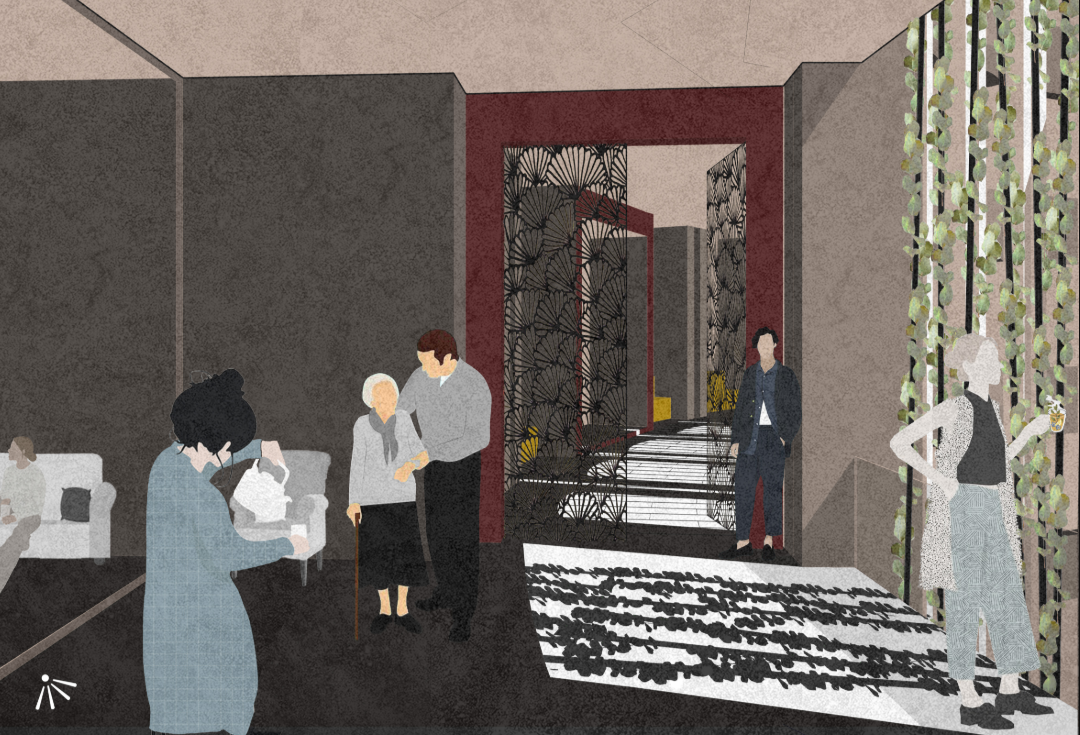 Reception lounge offering privacy and comfort for families during ceremonies, blending warmth and quietude.