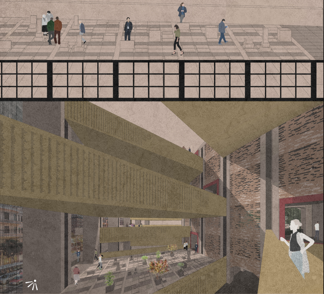 Suspended memorial terraces etched with names, framing a shared space for reflection and community rituals.