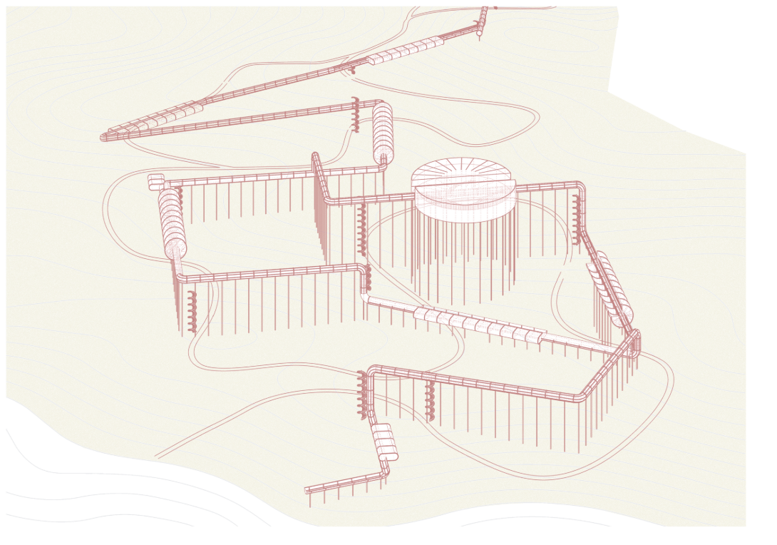 3D axonometric view revealing the organic layout of tubular pathways.