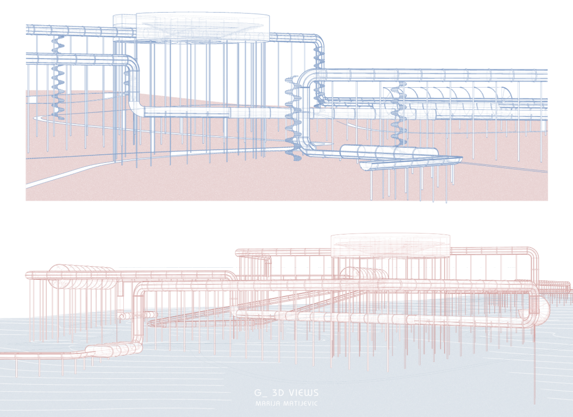 Elevation and eye-level renderings showing immersive, layered spatial depth.