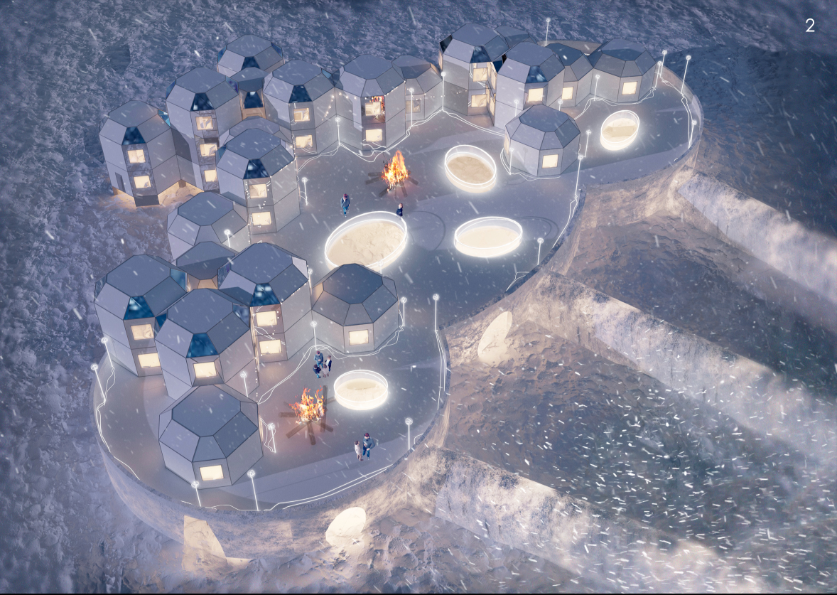 Top-down view of an Arctic village with clustered modules and shared open fire zones.