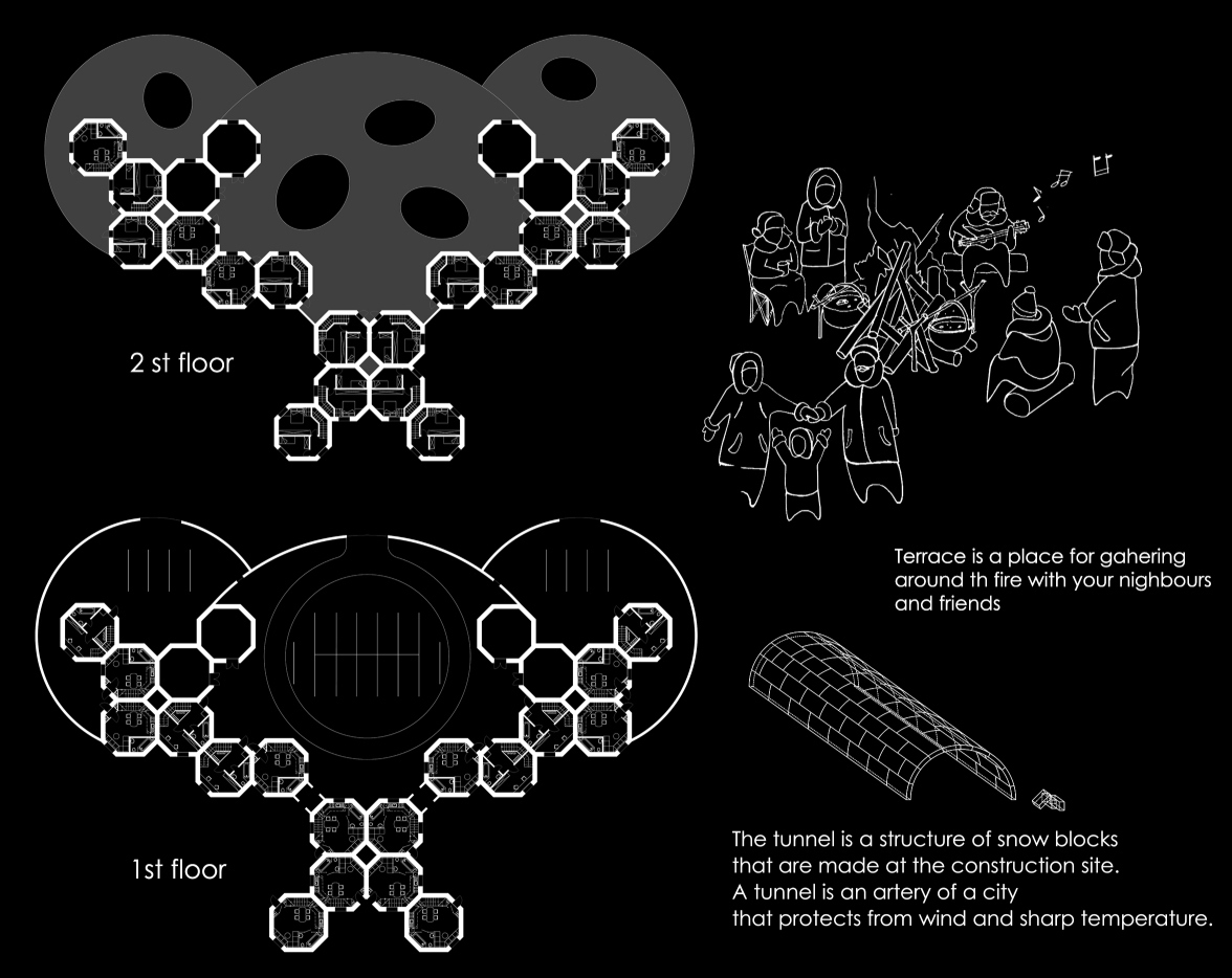 Floor plans and diagrams illustrating unit layout, circulation, and thermal tunnels.