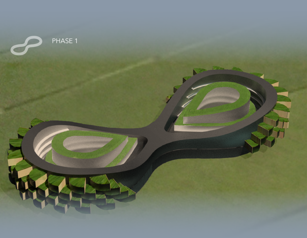 Aerial rendering of a figure-eight-shaped structure with terraced green courtyards surrounded by raised timber supports in fog