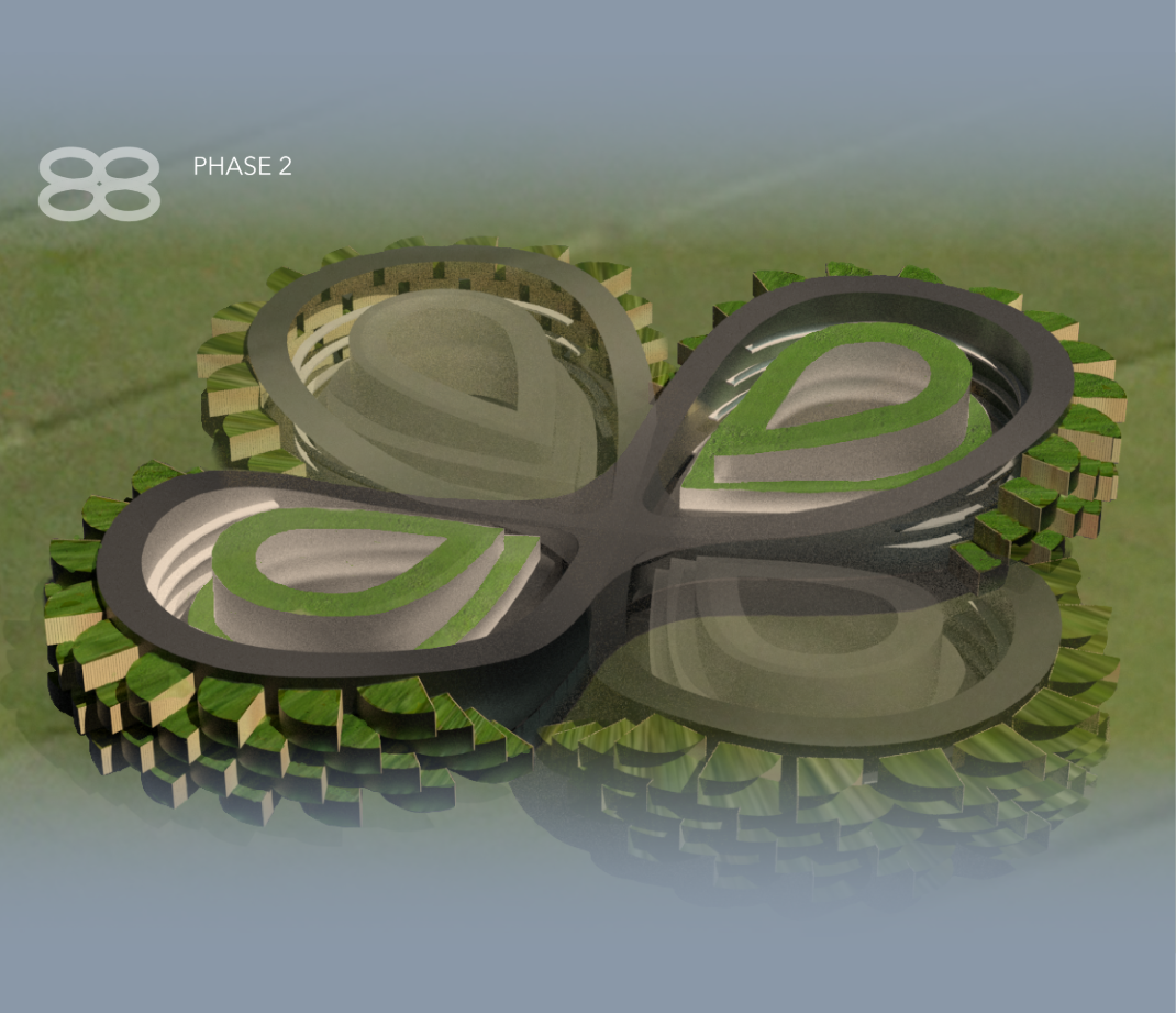 Aerial rendering showing four-lobed cloverleaf plan with terraced courtyards and perimeter timber columns in misty landscape