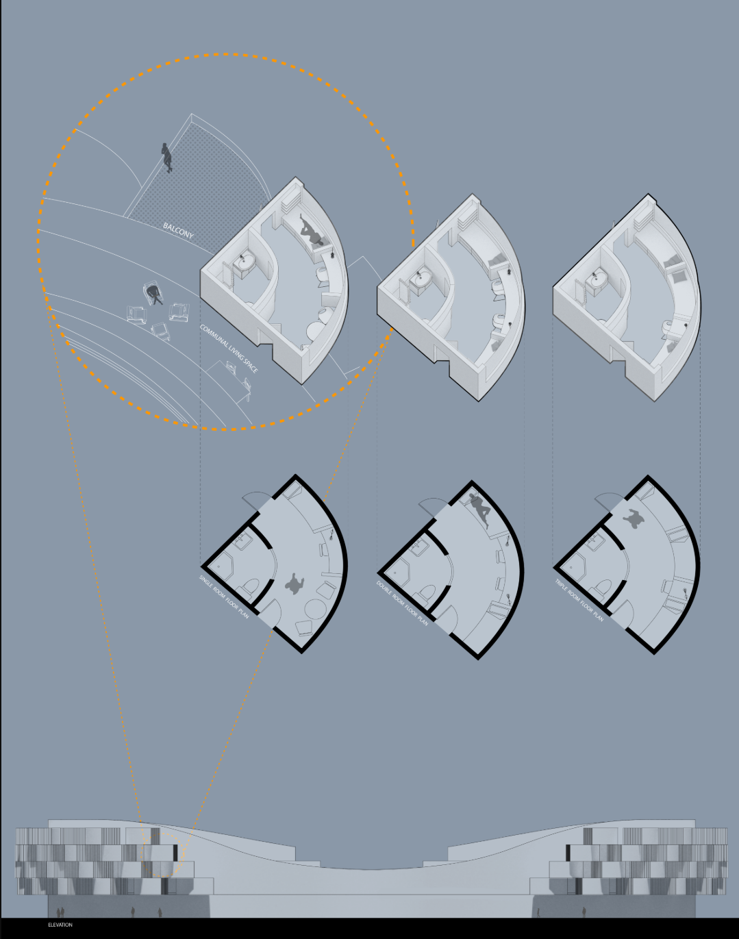 Axonometric and plan drawings of three teardrop-shaped floor levels with sun path diagram and elevation study