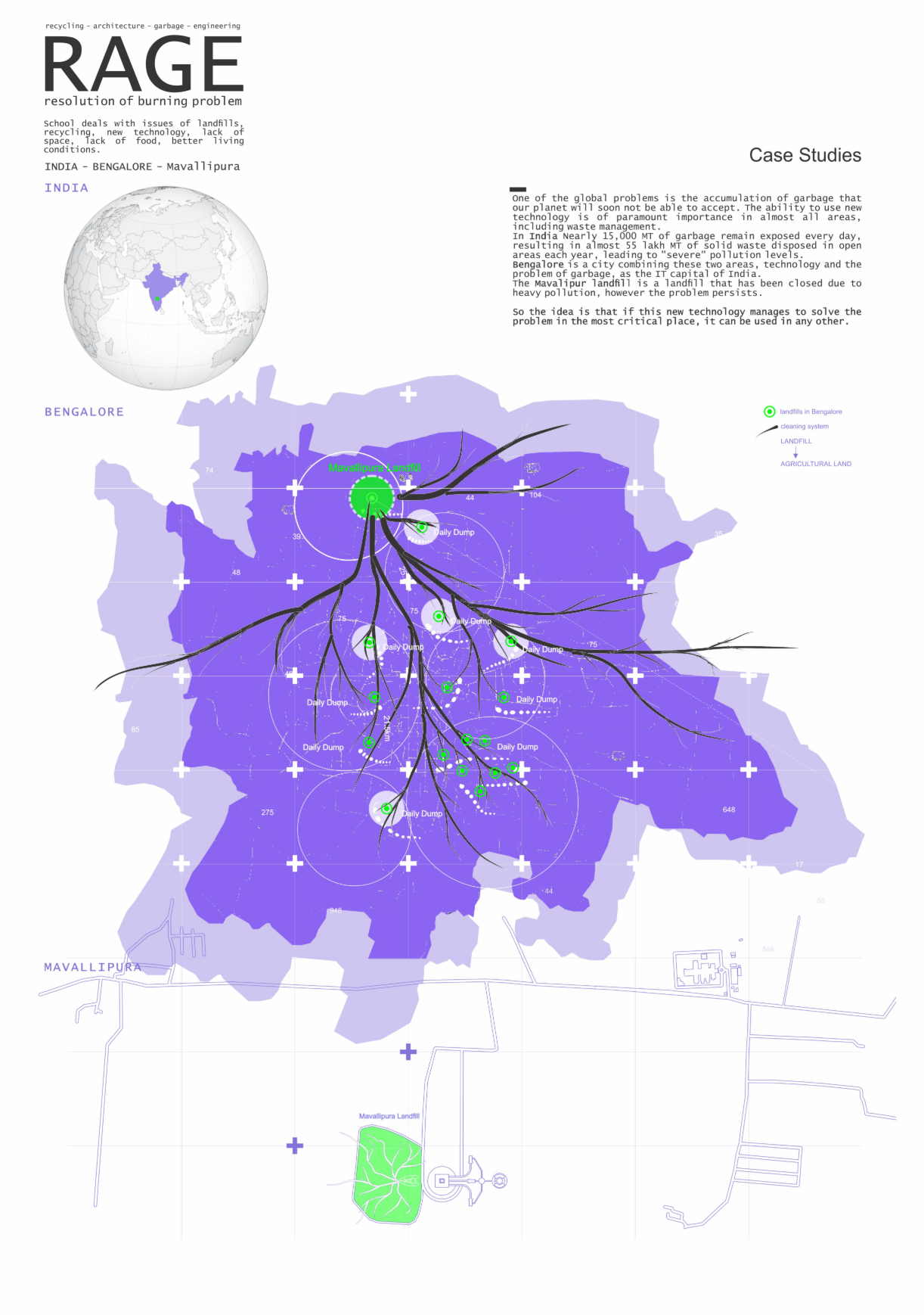 Mapping the landfill crisis across Bangalore, pinpointing Mavallipura as the site for scalable environmental innovation.