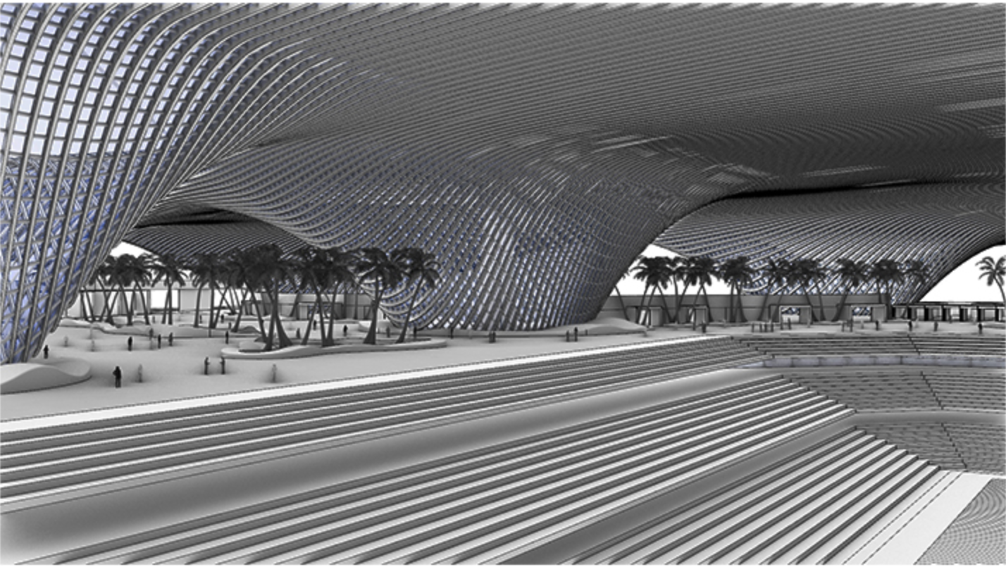 A sweeping view beneath the stadium’s fluid roof, where nature and architecture coexist seamlessly.