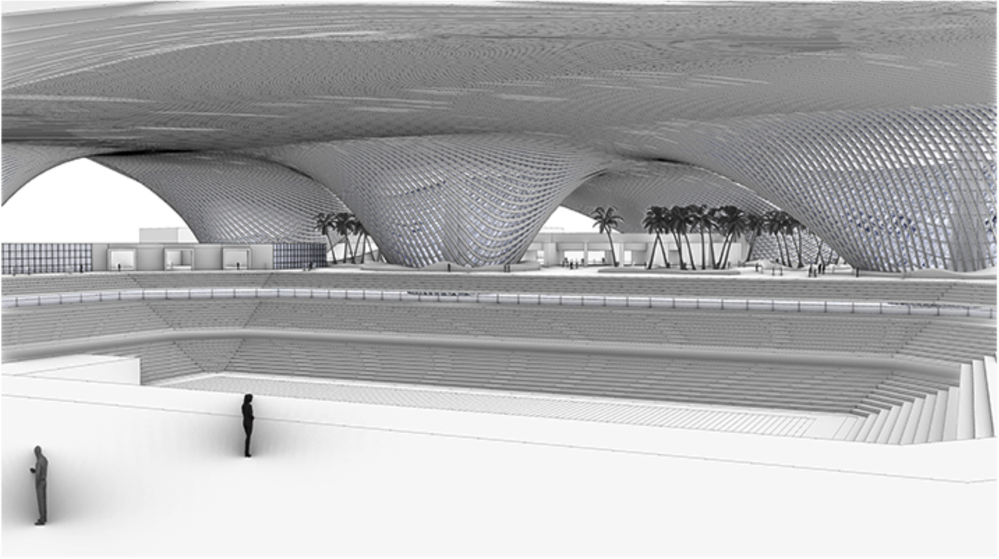 The central field encircled by continuous seating, framed by dramatic structural curves.