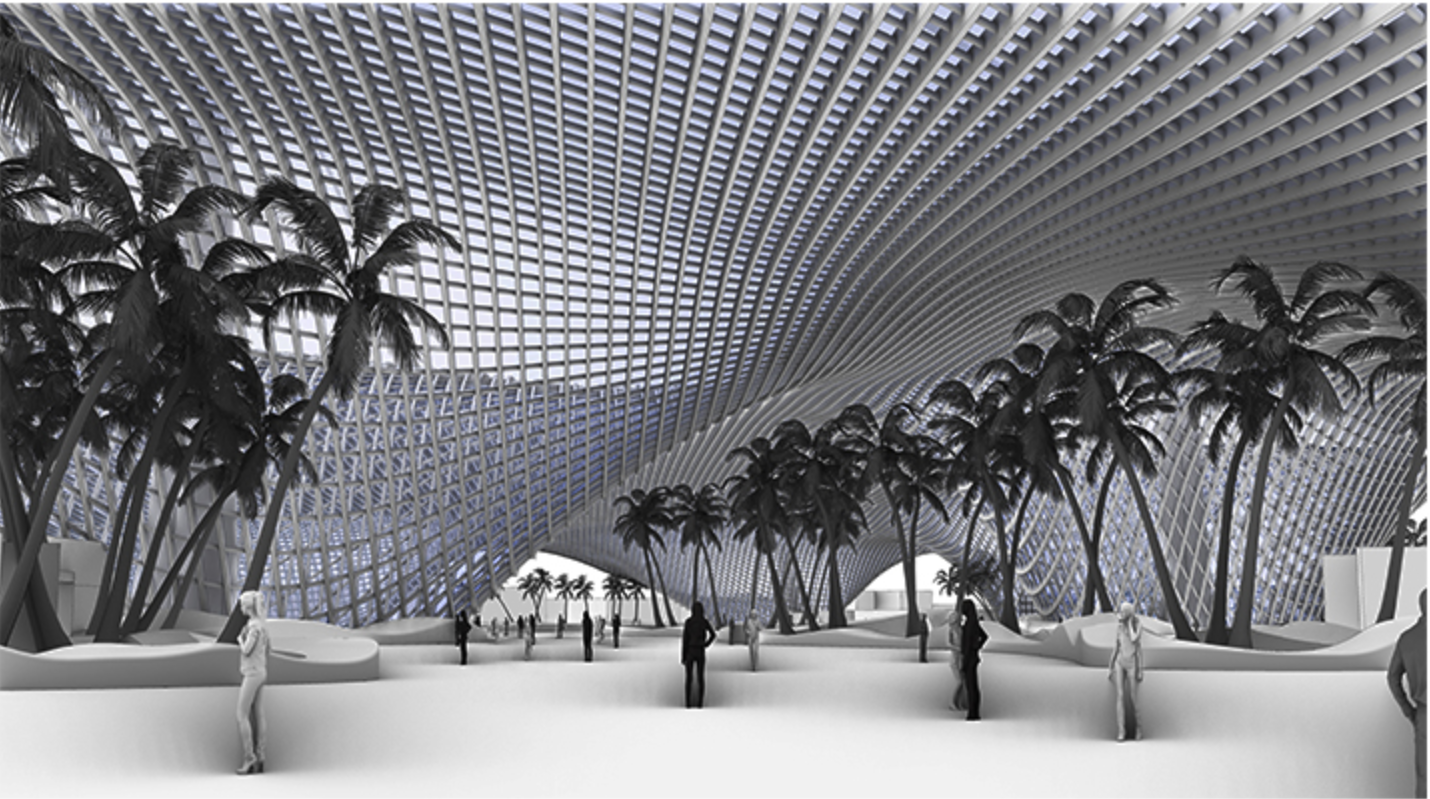 A shaded promenade beneath the undulating canopy, designed for daily cultural and civic use.
