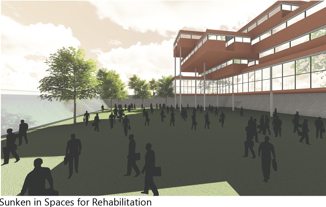 Sunken courtyard designed for inmate rehabilitation and community engagement.