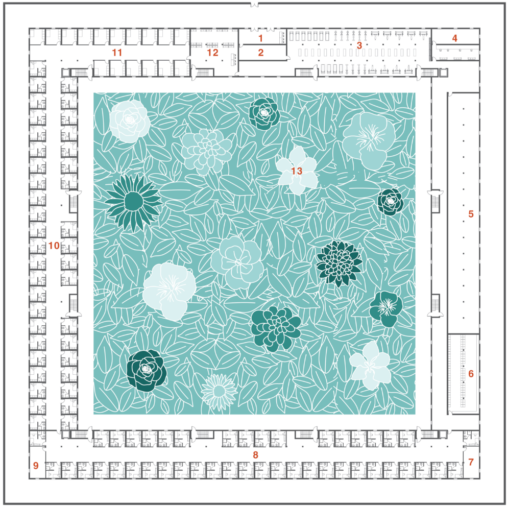 Floor plan drawing showing rooms arranged around a central courtyard with floral pattern paving