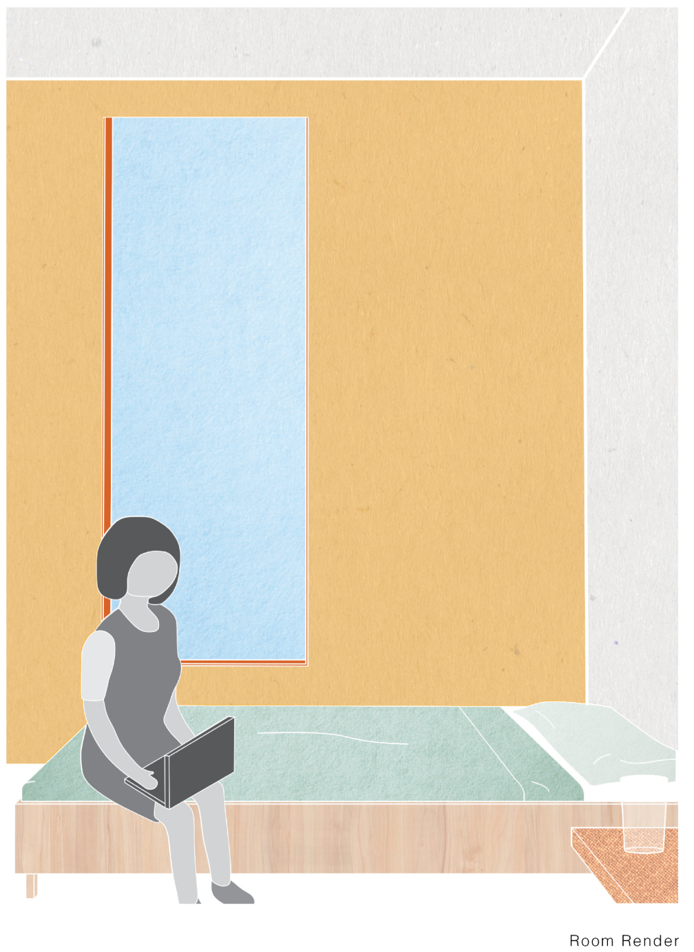 Illustration of a seated figure with a laptop beside a tall window in a yellow-walled room