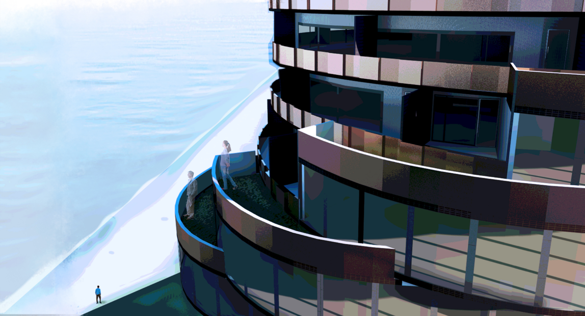 Riverside balconies designed to capture expansive views and natural light.