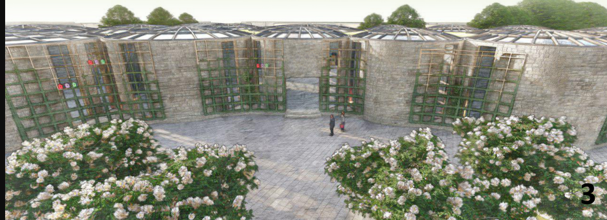 Castle-like circular volumes and gridded facades create a secure yet open threshold—inviting users into a space of healing and connection.