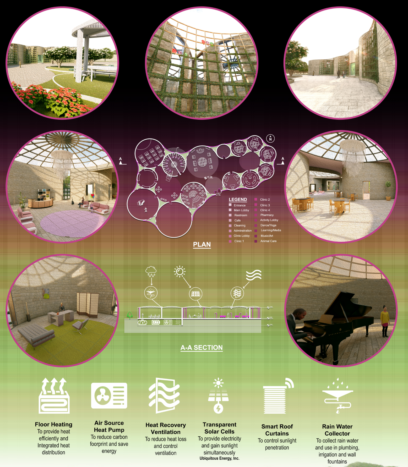 Interior views and sustainable systems come together in a circular layout—where design, daylight, and wellbeing are seamlessly integrated.